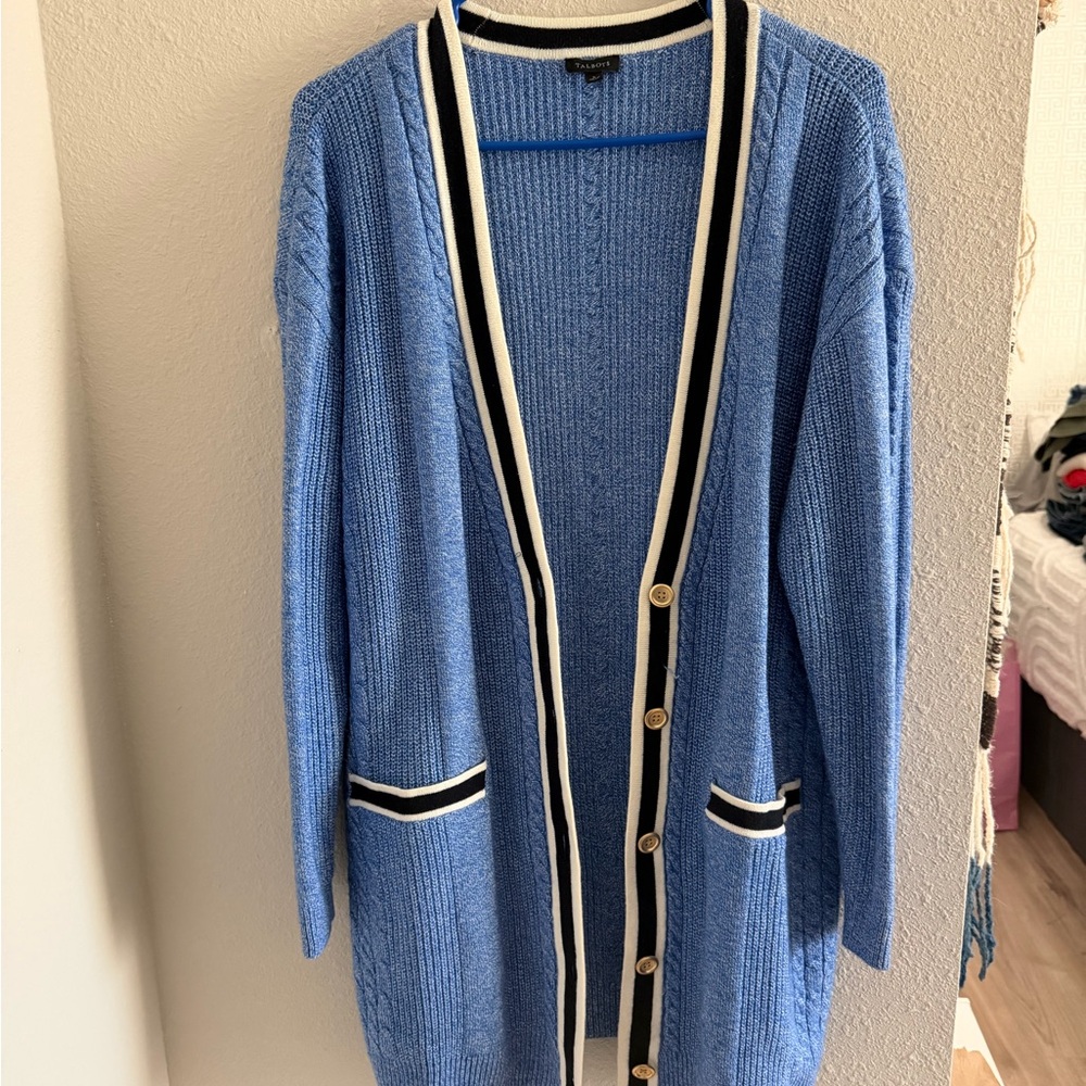 Talbots Blue Cardigan with Black and White Accents - Picture 2 of 12